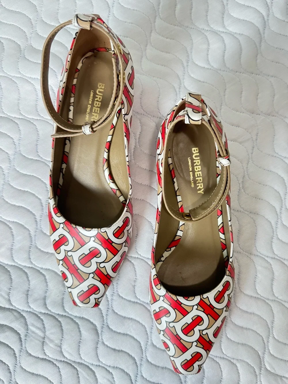 Burberry Wiltkin TB Monogram Peep Toe Ankle Strap Pumps EU 36.5